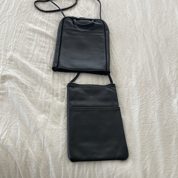 D’ONOFRIO BLACK LEATHER CROSSBODY TRAVEL PHONE SLIDE OUT PULL - Picture 9 of 10